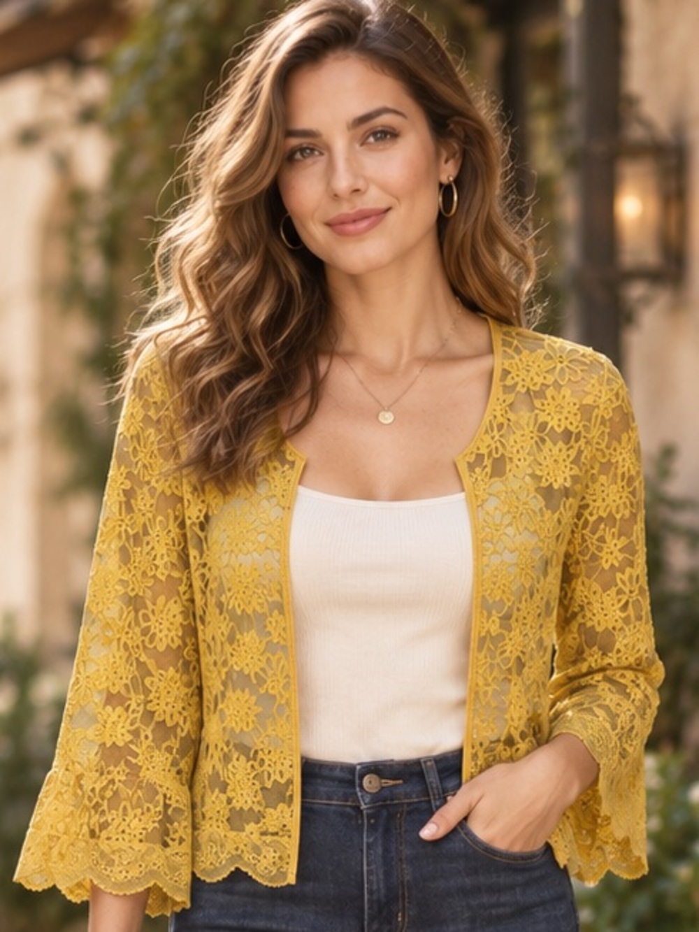 Women’s Yellow Lace Open-Front Cardigan Size M